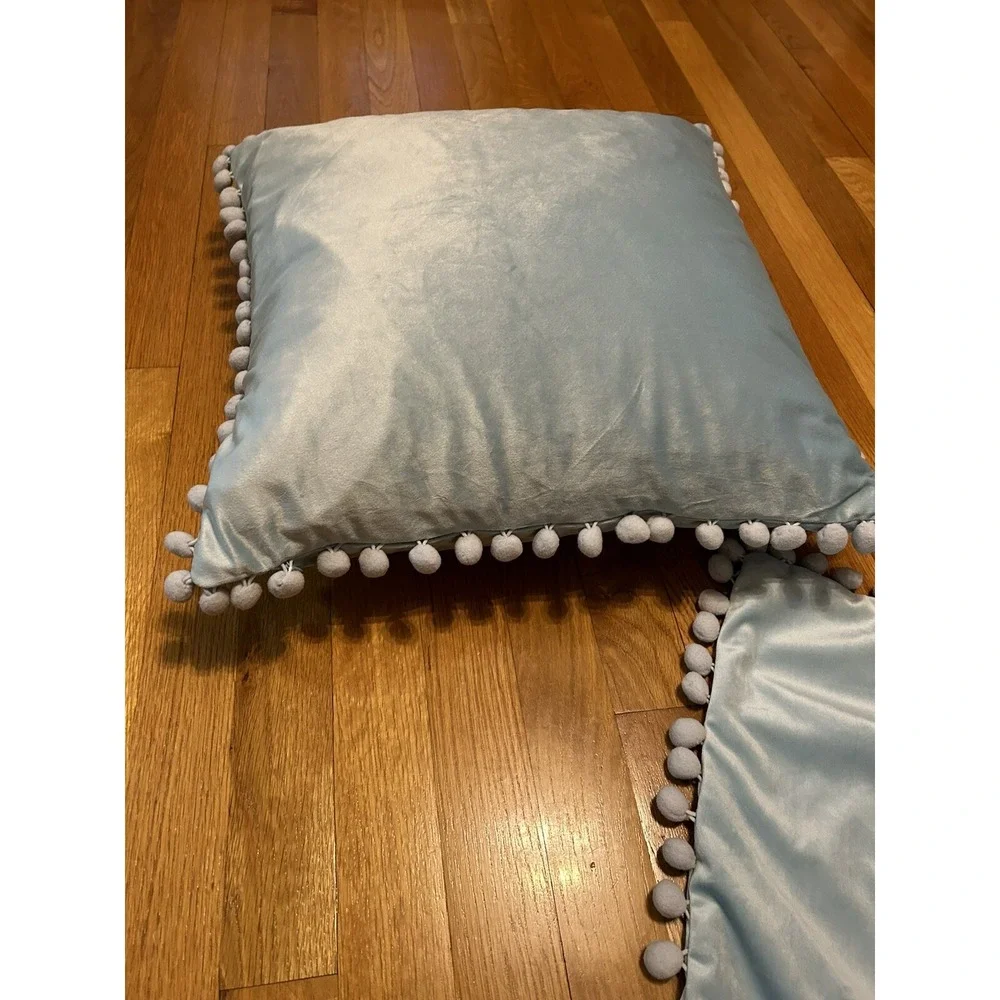 Set of 2 Velvet Pillow‎ Covers Ice Blue with Pom poms Boho Baby Bohochic